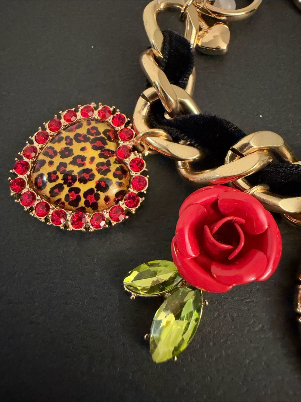 Betsey Johnson Gold-Tone Chain Bracelet with Red Roses & Leopard Heart Charms - Picture 9 of 16
